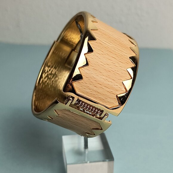 Statement Art Deco Wide Bangle Clamper Bracelet Zig-Zag Tan Gold Tone Me… - Picture 4 of 7